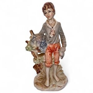 Vintage Porcelain Boy Figurine 8” Hand Painted Farmhouse Cottagecore Decor